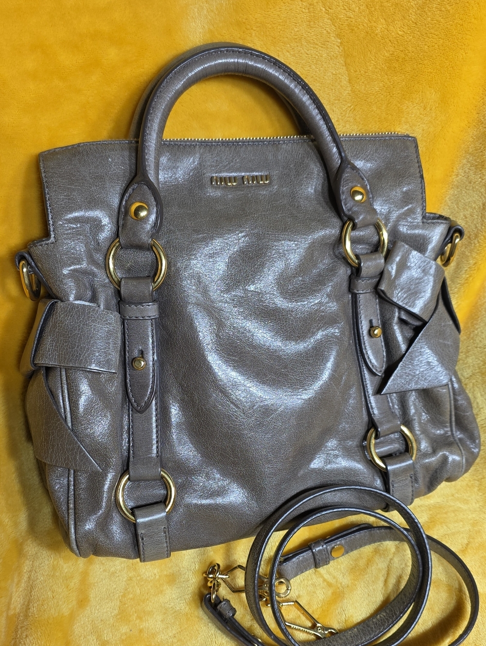 Authentic Miu Miu Metallic Taupe Leather Satchel with Gold Hardware